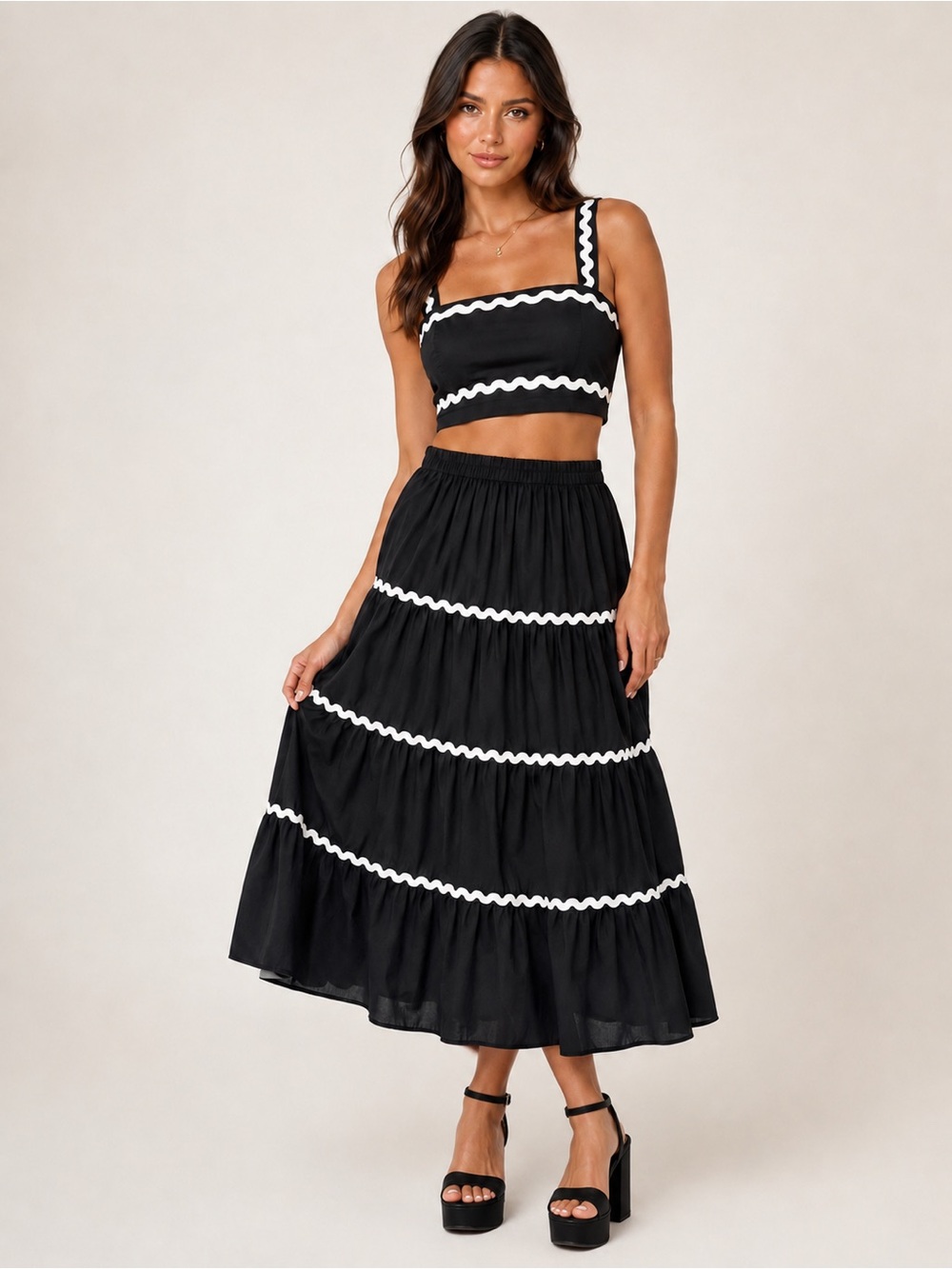 Japna - Black with White Trim Cropped Top Midi Skirt Set